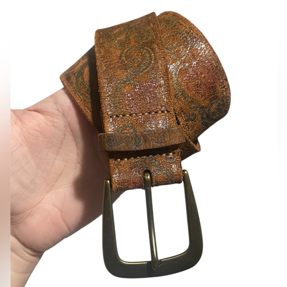 Genuine Leather Floral Design Distressed Brown Belt